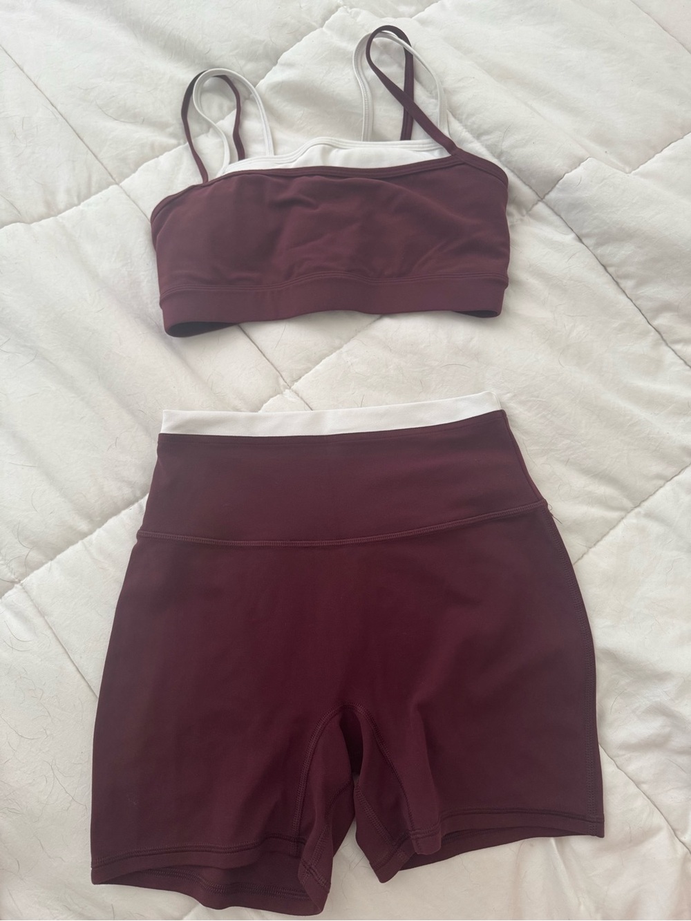 Abercrombie & Fitch Maroon and White Active Bra Top & High-Waist Shorts Set.